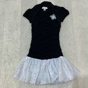 Byer Girl Dress Sz 7 Black White Sequin Sparkle Short Sleeve Tulle Ruched